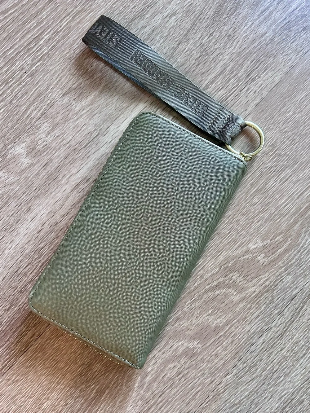 Steve Madden Olive Sage Green Saffiano Leather Zip Around Wallet Wristlet